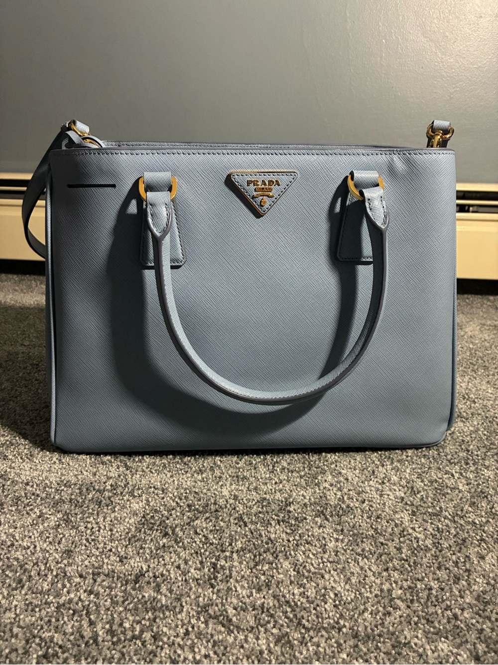 Prada Powder Blue Saffiano Leather Satchel with Gold Hardware